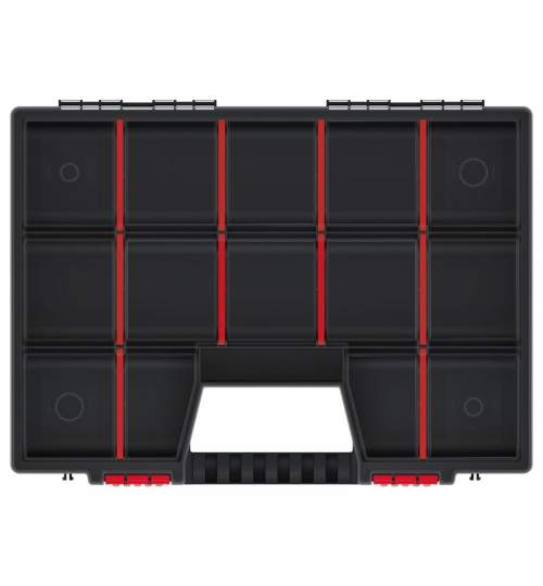Organizator Cutie de Scule, tip Valiza, Transparent, 14 compartimente, 39.9x29x6.5 cm, negru/rosu