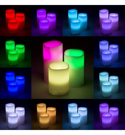 Set 3 Lumanari Decorative Iluminate cu LED Multicolor si Control din Telecomanda