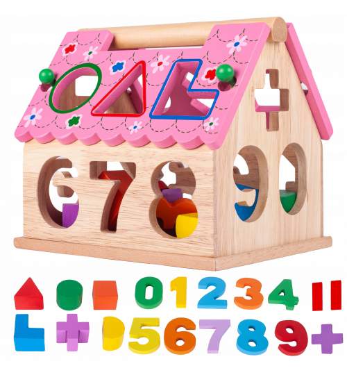 Casuta din lemn cu numere, semne matematice si Forme Geometrice 18x14.5x16 cm, multicolor