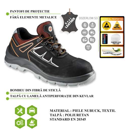 Incaltaminte de protectie pantofi fara elemente metalice, bombeu din fibra de sticla si talpa din Kevlar flexibil, marime 42-DOZERLOW MART-G3214-42