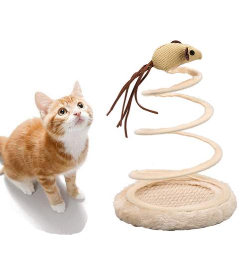 Jucarie interactiva pentru pisici, tip soarece de sisal pe arc, 23 x 15 cm, culoare bej