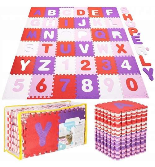 Covor spuma ptr copii, EVA roz cu mov, model alfabet si numere, 172x172x1cm, Springos MART-FM0020