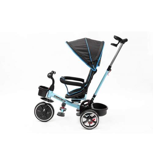 Carucior Tricicleta cu Maner Parental, Copertina, si Centuri de Siguranta, 25kg, culoare Albastru/Negru