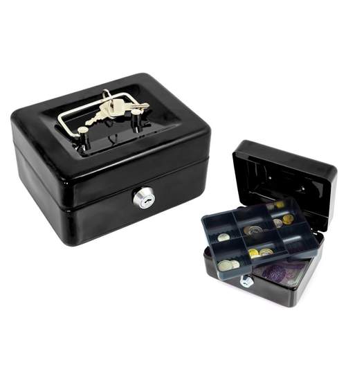 Caseta - Cutie din metal pentru pastrat bani, inchidere cu cheie,152 x 115 x 80mm culoare Neagra