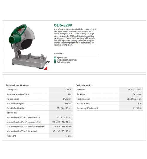 Fierastrau circular pentru debitat metal DWT SDS-2200, diametru disc 355 mm, putere 2200 W FMG-SDS-2200