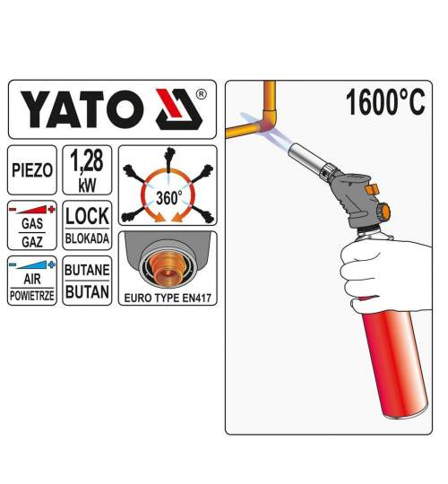 Arzator pe gaz, Yato YT-36709, aprindere piezzo, 1600 grade FMG-YT-36709