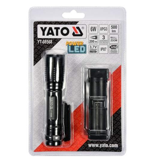 Lanterna cu acumulator, led, Yato YT-08568, XPG3 CREE 6 W, 500 lm, Li-Ion, aluminiu, IPX7 FMG-YT-08568