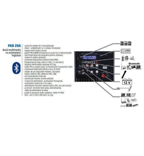 Boxa portabila activaSal PAB 20A, bluetooth, radio FM, USB/SD/SDHC/MMC , HI-FI, Karaoke, Bass-Reflex FMG-PBA20A