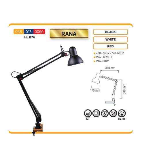 Lampa pentru birou, articulata Rana HL074, negru, E27, max. 60 W FMG-048-013-0060