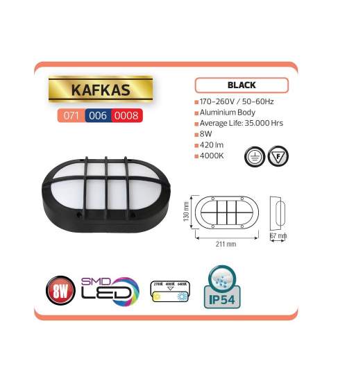 Aplica cu led Kafkas Black, 8W, Negru, corp aluminiu, 420lm, lumina neutra 4000K FMG-071-006-0008