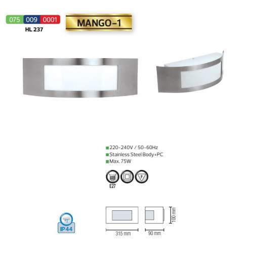 Aplica de exterior Mango-1, Inox, IP44, E27, max 75W FMG-075-009-0001