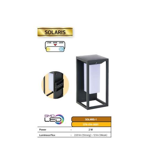 Lampa solara Solaris-1, Aluminiu, 2W, 220 lm, Li-Ion, Lumina neutra, senzor miscare, IP65 FMG-078-014-0001