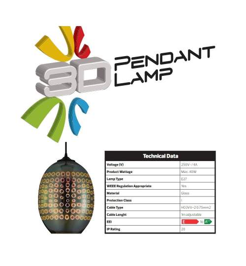 Pendul Radian Chrome-1, max. 60 W, sticla, diametru 220 mm, efect 3D FMG-021-007-0002