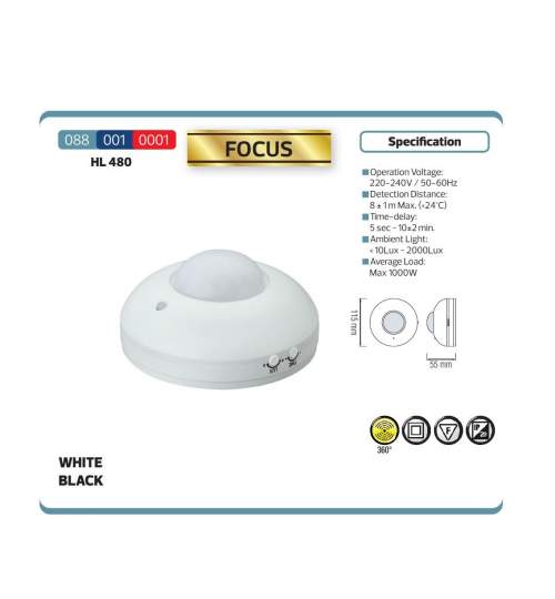 Senzor de miscare Focus HL 480, distanta de detectie 8 m, Alb, 220-240 V, IP44 FMG-088-001-0001A