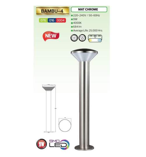 Stalp iluminat exterior Bambu-4, LED, max 9W, Inox, 684 lm, IP44, 4000K, inaltime 500mm FMG-076-016-0004