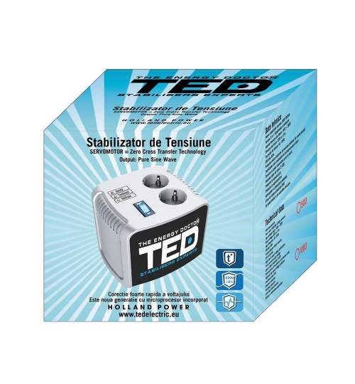Stabilizator tensiune automat Ted Electric TED-AVR1000, 1000VA, Unda sinusoidala pura, Servo FMG-TED-AVR1000