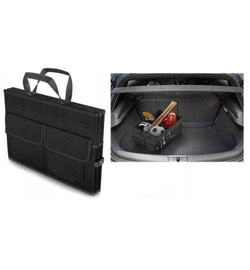 Organizator auto multifunctional pentru portbagaj cu 3 camere, impermeabil, cu manere, 52x39x25cm, culoare negru