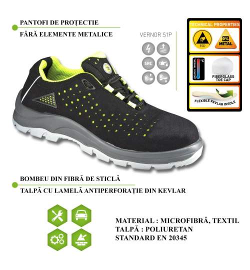 Incaltaminte de protectie pantofi fara elemente metalice, bombeu din fibra de sticla si talpa din Kevlar flexibil, marime 42-VERNOR MART-G3215-42