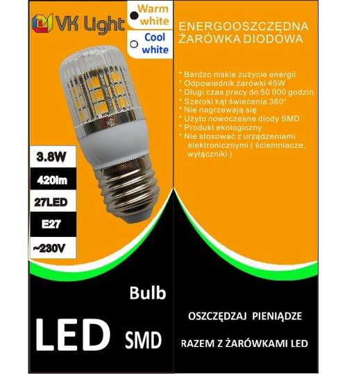 Bec LED E27, Putere 3,8W (45W), 420lm, Lumina Calda, 27 SMD, VoiceKraft