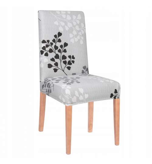 Husa scaun dining/bucatarie, din spandex, model cu frunze, culoare gri