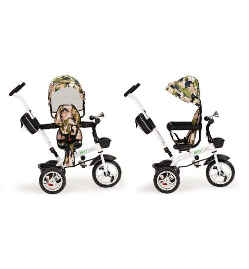 Tricicleta cu maner parental, scaun 360 grade, copertina, cos depozitare si centura, culoare camuflaj