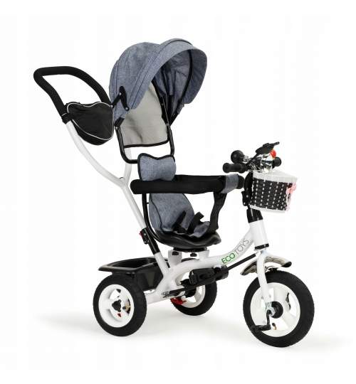 Tricicleta EcoToys cu scaun rotativ, maner parental, copertina, roti din cauciuc, suport picioare pliabil, culoare gri