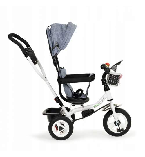 Tricicleta EcoToys cu scaun rotativ, maner parental, copertina, roti din cauciuc, suport picioare pliabil, culoare gri