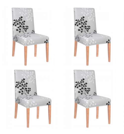 Set 4 Huse scaun dining/bucatarie, din spandex, model cu frunze, culoare gri