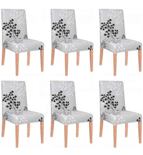 Set 6 Huse scaun dining/bucatarie, din spandex, model cu frunze, culoare gri