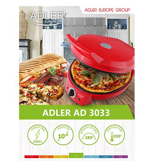 Aparat Electric de Facut Pizza, Sandwich sau Gratar, Diametru 25cm, Adler, Putere 1500W