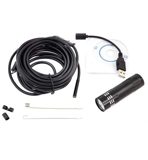 Cablu flexibil impermeabil videoendoscop cu USB de 5m lungime, diametru camerei pe cablu 5,5mm si lumina LED + Lanterna