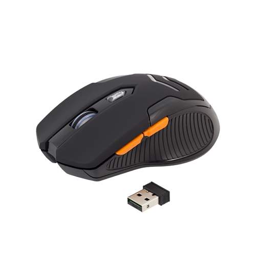 Mouse optic wireless cu 6 butoane si transmitator mini USB, functie de economisire a bateriei, Negru