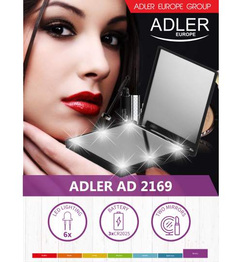 Oglinda pentru cosmetica, portabila de inalta calitate, iluminata LED, 69x69x12mm, culoare Negru