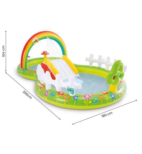 Piscina gonflabila pentru copii cu sistem de pulverizare a apei si topogan, Intex, 290x180x100 cm, multicolor