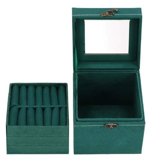 Cutie pentru bijuterii, velur, verde, cu oglinda, 12x12x12 cm, Springos MART-HA1048