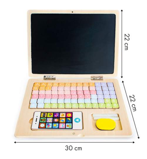 Tabla magnetica educationala tip Laptop din Lemn pentru Copii, cu 78 elemente magnetice, roz
