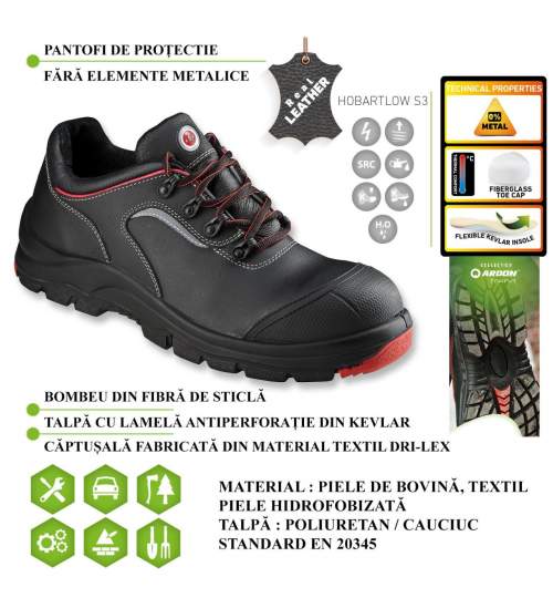 Incaltaminte de protectie pantofi fara elemente metalice, bombeu din fibra de sticla si talpa din Kevlar flexibil, marime 42-HOBARTLOW MART-G3217-42