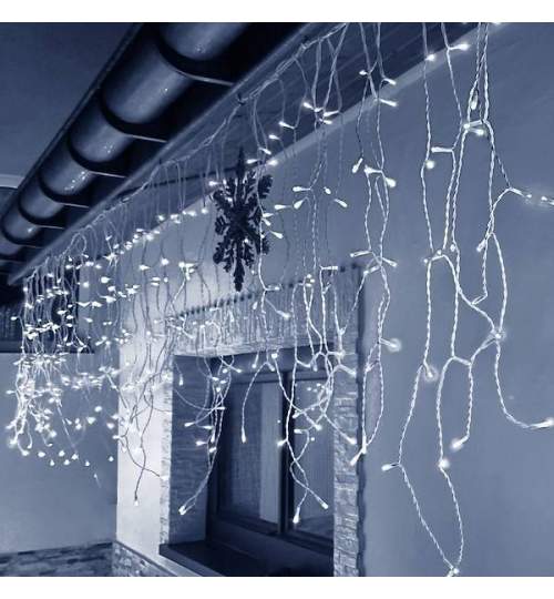 Instalatie luminoasa cu 200 LED-uri, pentru Craciun, tip Perdea, lungime 8m, telecomanda cu 8 functii, culoare alb rece