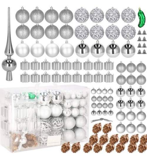 Set 102 Globuri si Decoratiuni de Craciun pentru Brad, din Plastic, culoare Argintiu/Verde/Maro