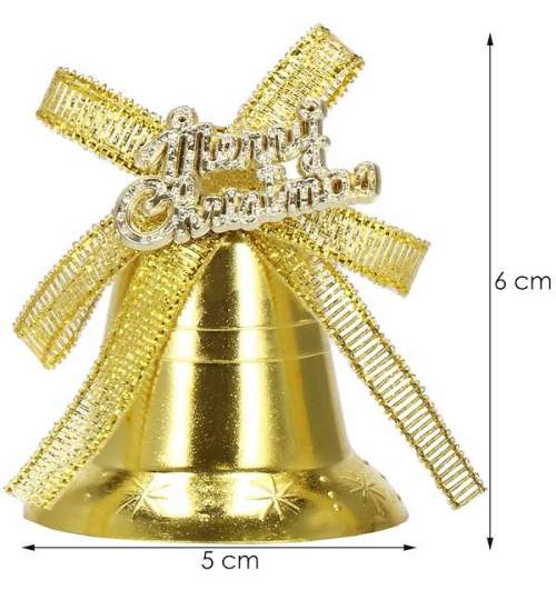 Set 3 clopotei pentru bradul de Craciun, cu fundite, diametru 5 cm, culoare Auriu