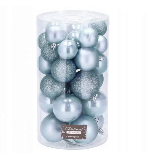 Set 30 Globuri de Craciun pentru Brad, din Plastic, diametru 4-6 cm, culoare Albastru deschis