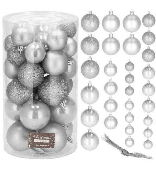 Set 30 Globuri de Craciun pentru Brad, din Plastic, diametru 4-6 cm, culoare Argintiu