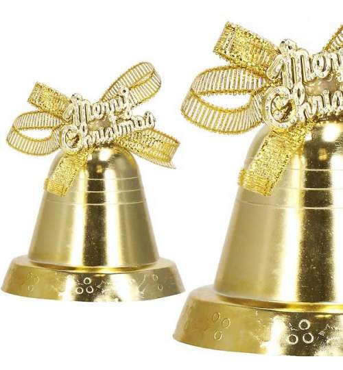 Set 4 clopotei pentru bradul de Craciun, cu fundite, diametru 5.5 cm, culoare Auriu