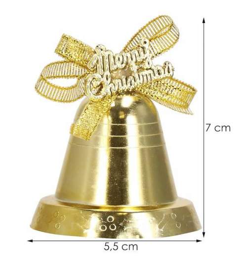 Set 4 clopotei pentru bradul de Craciun, cu fundite, diametru 5.5 cm, culoare Auriu
