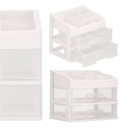 Organizator cosmetice, plastic, 3 niveluri, 2 sertare, alb, 30x25x34 cm, Springos MART-HA1090