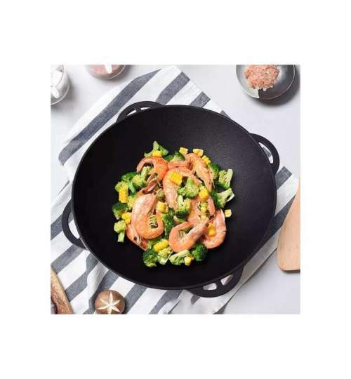 Oala de fonta tip wok, cu capac, 3 in 1, 32x14 cm, Perfect Home  MART-12411