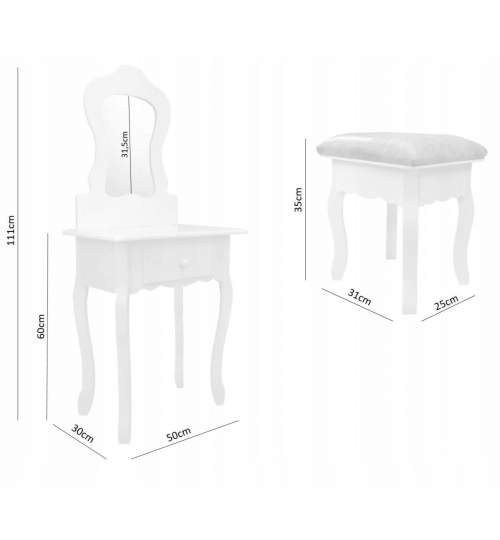 Masa de toaleta, machiaj, pentru copii, cu oglinda, sertar si taburet, alb, 50x30x111 cm MART-PHO5544