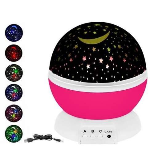 Lampa de noptiera cu proiector, pentru copii, cupola rotativa, roz, incarcare USB/4xAAA, 12.7x13.5 cm, Isotrade MART-00008974-IS