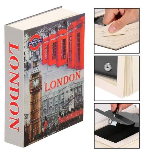 Seif, caseta valori, cutie metalica cu cheie, portabila, tip carte, model Londra, 15.5x4.5x22 cm, Springos MART-HA5049
