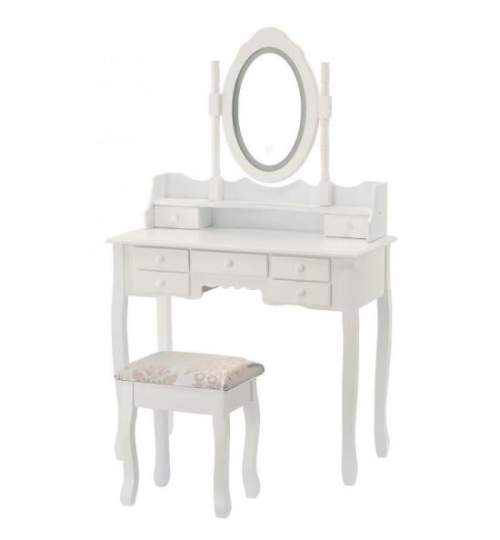 Masa de toaleta/machiaj, alba, oglinda cu LED, taburet, 90x40x146 cm, Chomik MART-PHO5513LED